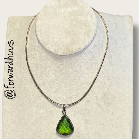 Sterling Silver 925 Omega Chain Necklace – Large Faceted Glass Pendant - Picture 2 of 9